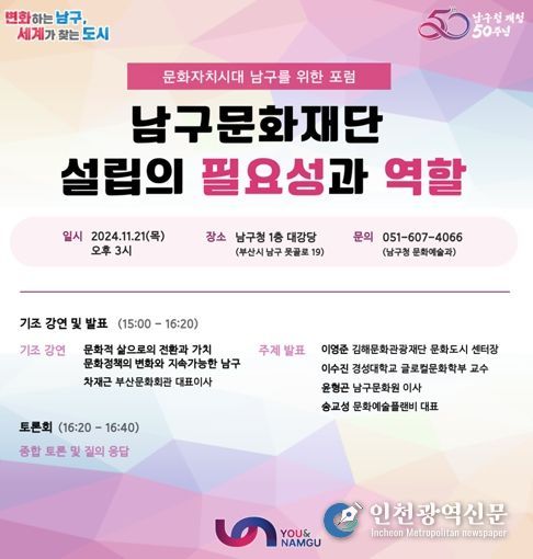 문화자치시대 남구를 위한 부산광역시 남구 ‘남구문화재단 설립의 필요성과 역할’포럼 개최