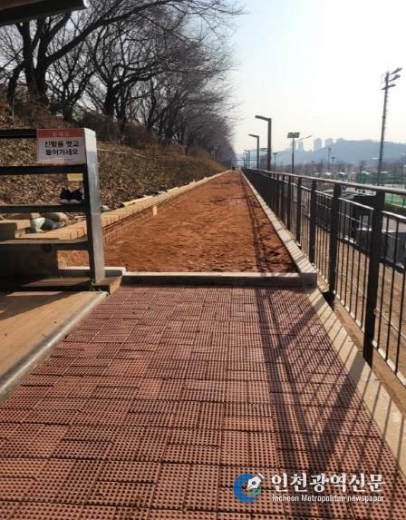 안양천 신정교 인근 황톳길 진입부에 지압 벽돌(보도블록)이 설치된 모습