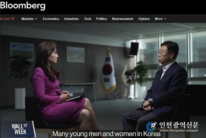 미국 블룸버그TV ‘월스트리트 위크 보도 중 셰리안 앵커와 인터뷰하고 있는 신상진 성남시장 영상 캡처본