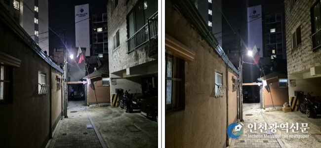 지난해 숭인2동 스마트보안등 설치 전(左)·후(右) 모습