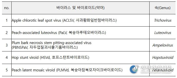 복숭아 바이러스 및 바이로이드 진단법 개발 대상 병원체 정보