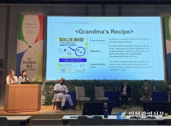 제14회 세계RCE총회에서 도봉구 대표로 한국외대 허윤서, 이유정 학생이 우수 사례를 발표하고 있다