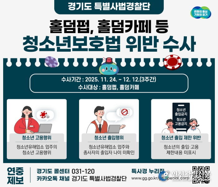 경기도 특사경, 홀덤 펍·카페 청소년 출입·고용 불법행위 집중 수사