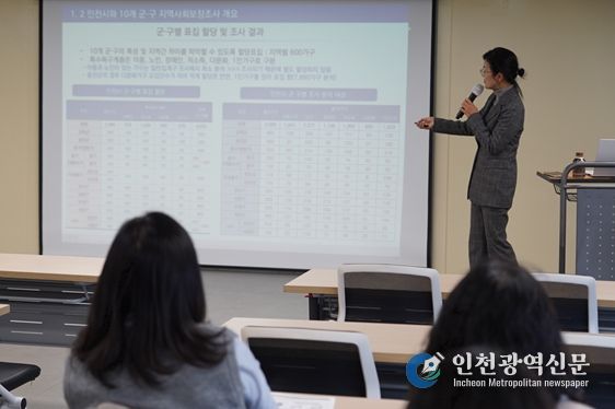 이선정 인천시사회서비스원 정책연구실 연구위원이 지난 3일 인천사서원 대회의실에서 인천시 지역사회보장조사 중간 보고를 하고 있다.