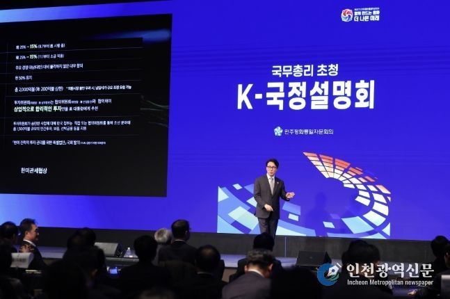 김민석 국무총리가 15일 광진구 비스타 워커힐 서울에서 열린 민주평통 초청 K-국정설명회에서 특별 강연을 하고 있다.