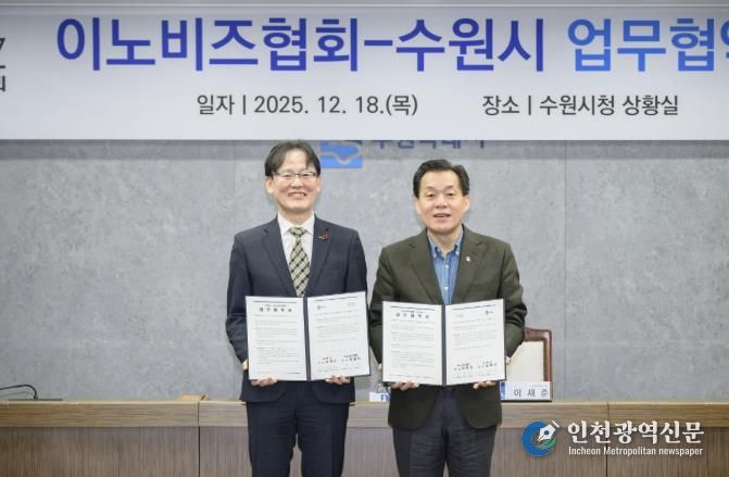 이재준 수원시장(오른쪽)과 이노비즈협회 정광천 회장이 협약 후 기념촬영을 하고 있다.