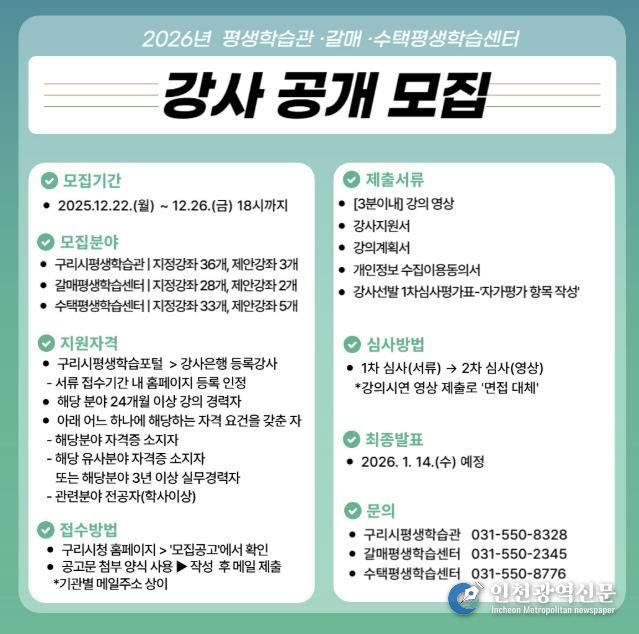 구리시, 2026년 평생학습관·평생학습센터 강사 모집
