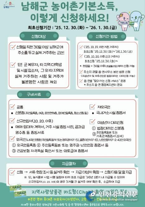 남해군, 농어촌 기본소득 신청 접수 시작