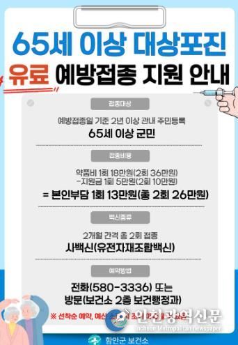 함안군 보건소, 2026년 대상포진 유료 예방접종 안내