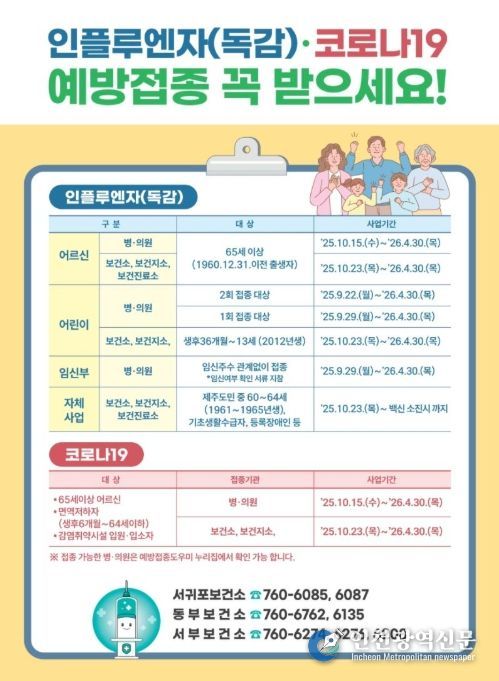 '인플루엔자 및 코로나19 예방접종' 안내문