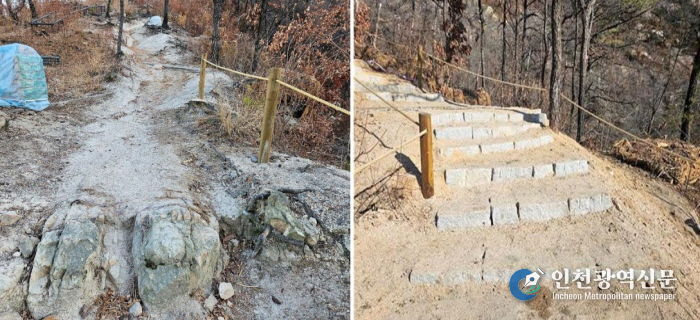 서대문구가 관내 인왕산 기차바위 인근에 설치한 돌계단 (설치 전후 모습)