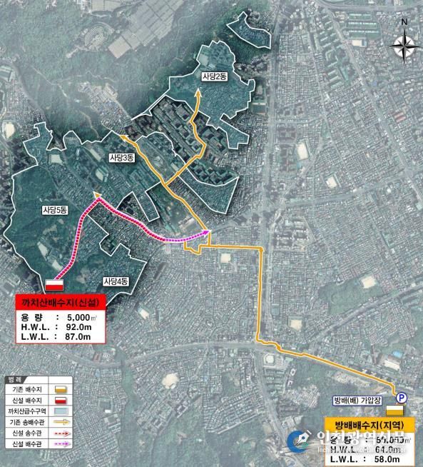 까치산배수지를 통해 수돗물을 공급받는 지역 위치도