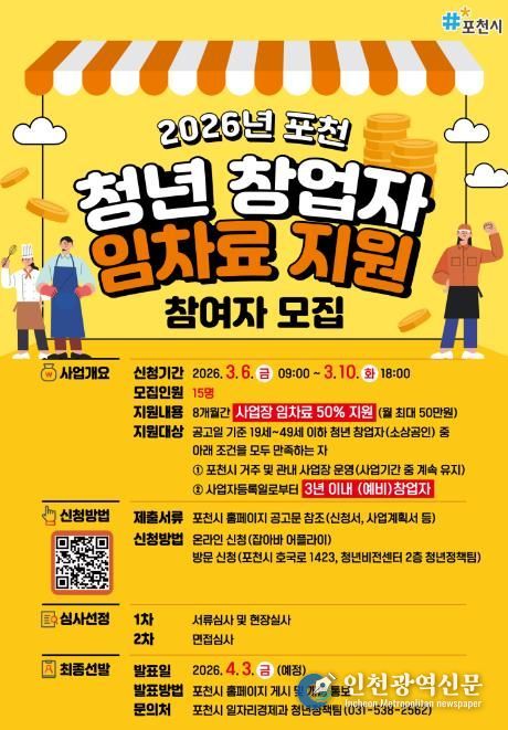 포천시, 2026년 청년 창업자 임차료 지원사업 참여자 내달 10일까지 모집