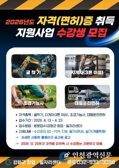 강화군 창업‧일자리센터, 굴착기․지게차 등 취득 비용 최대 70% 지원
