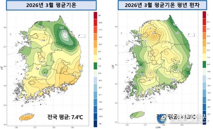 2026년 3월 전국 평균기온 및 평년 대비 편차 분포도