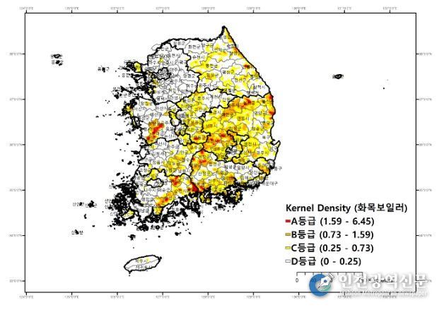 화목보일러 사용가구 Kernel Density 분석 결과 (단위: 가구수/km2)