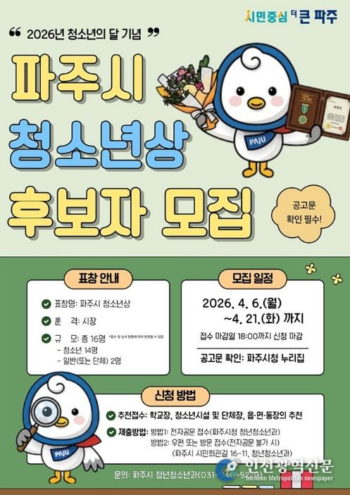 파주시, 제3회 파주시 청소년상 후보자 추천 시작