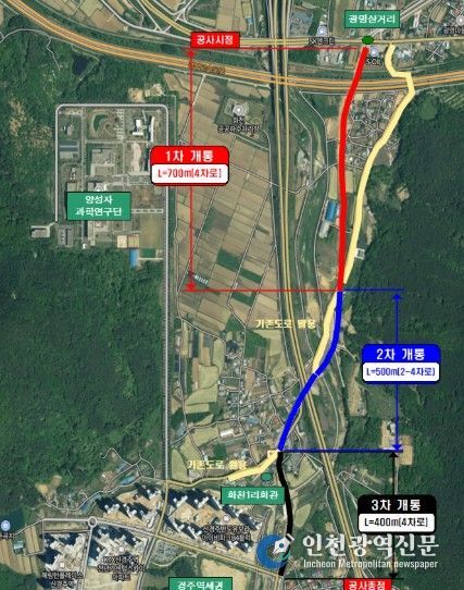 지방도 904호선 광명~화천 연결도로 1·2·3차 단계별 개통 구간을 표시한 노선도.