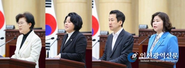 안산시의회가 8일 본회의장에서 제302회 임시회 제2차 본회의를 열고 시정질문과 5분 자유발언을 진행했다. 사진 왼쪽부터 이날 시정질문에 임한 박은경 의원과 5분 자유발언에 나선 김진숙 송바우나 박은정 의원의 모습.