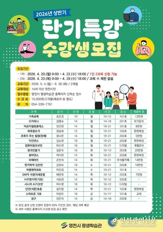 영천시 평생학습관 2026년 상반기 단기특강 홍보 포스터